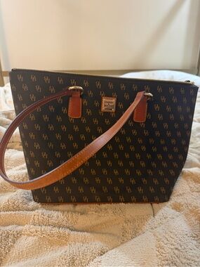 Dooney & Bourke Dark Brown Monogram Tote with Tan Handles